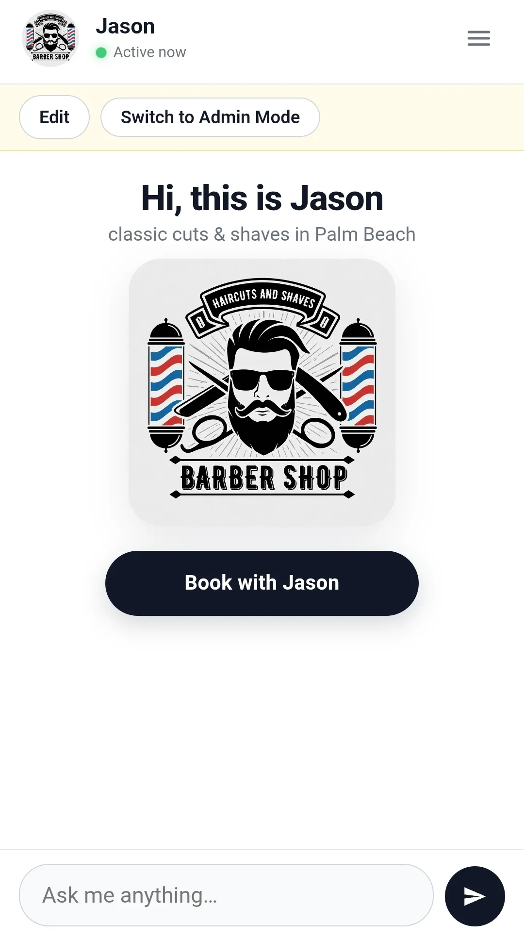 A barber's public AI Agent page with a chat box and a Book with Jason button.