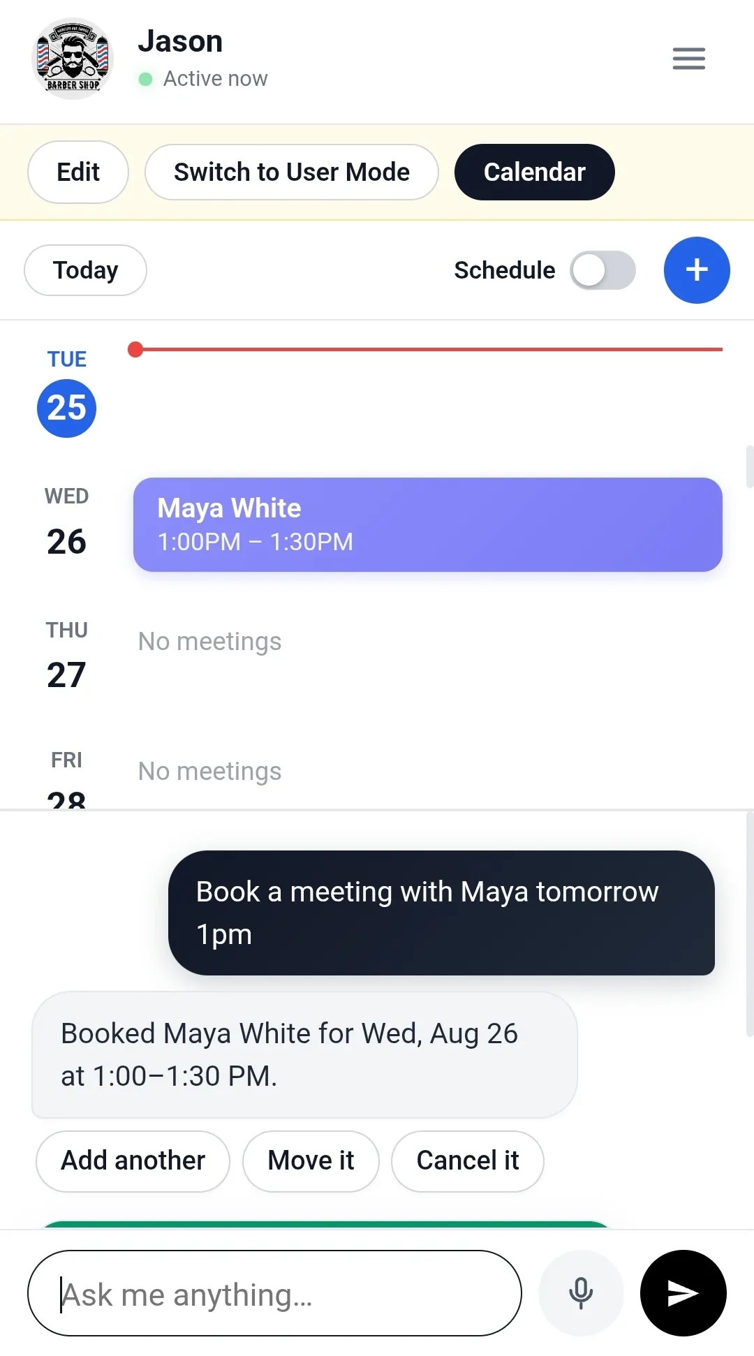 Admin calendar with a meeting just booked from a chat message.