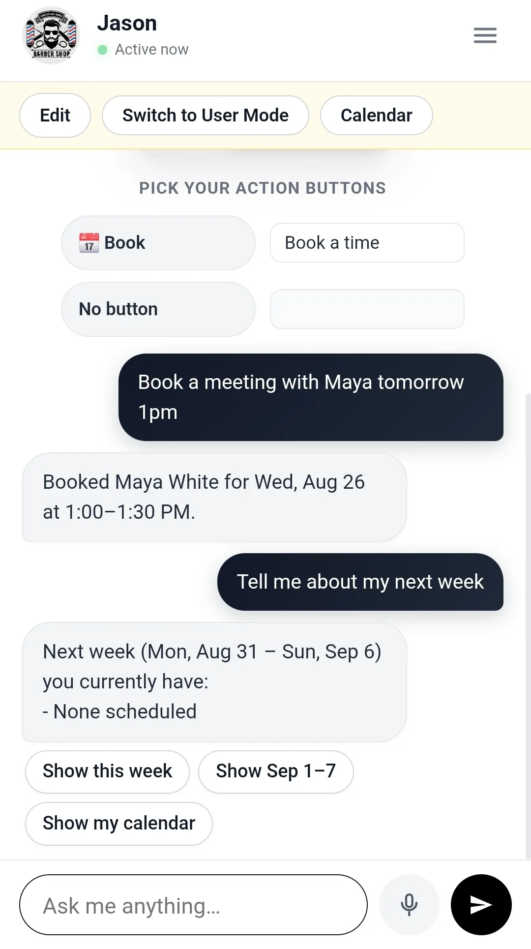 The assistant answering a question about next week's schedule in chat.