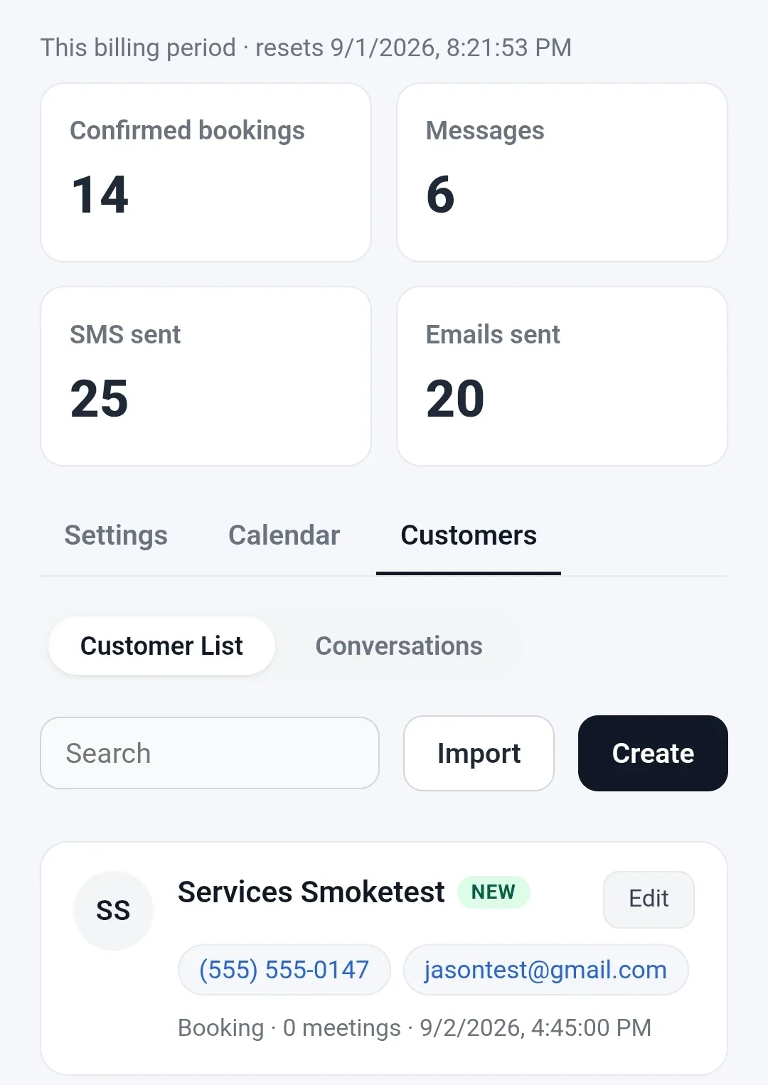 Dashboard stat cards for bookings, messages, SMS and emails, above a customer list.
